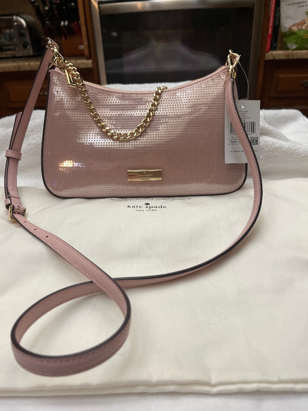 NWT Kate Spade Madison Sequin/Leather Convertible Crossbody.  Rose Smoke/Pink.
